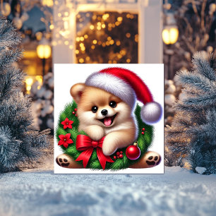 Cartes Pour Fêtes Annuelles Pomeranian dans la couronne de Noël