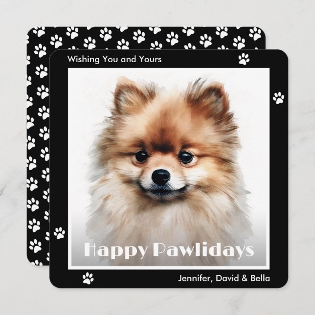 Cartes Pour Fêtes Annuelles Pomeranian Dog Black Watercolor Christmas (Devant / Derrière)