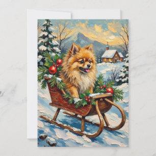 Cartes Pour Fêtes Annuelles Pomeranian vintage dans un traîneau de Noël en boi