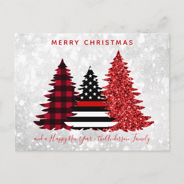 Cartes Pour Fêtes Annuelles Pompier Noël Red Line Plaid Parties scintillant Ar (Devant)