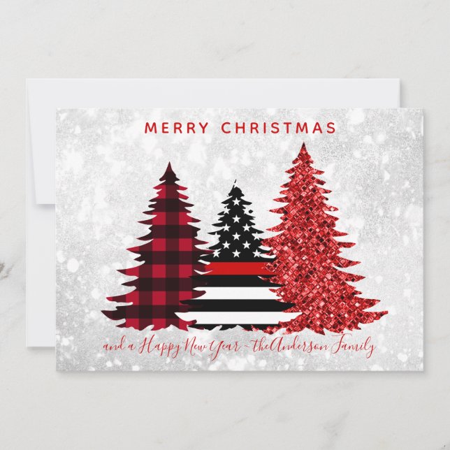 Cartes Pour Fêtes Annuelles Pompier Noël Red Line Plaid Parties scintillant Ar (Devant)