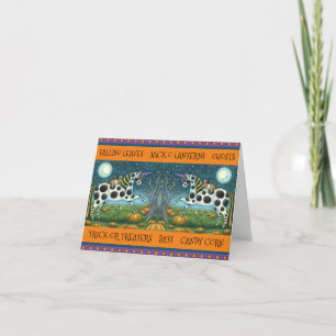 CARTES POUR FÊTES ANNUELLES PONEY TACHETÉ D'HALLOWEEN & CHATTE CHAUVE-SOURIS C