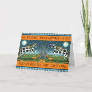 CARTES POUR FÊTES ANNUELLES PONEY TACHETÉ D'HALLOWEEN & CHATTE CHAUVE-SOURIS C