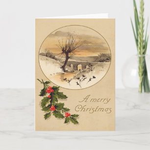 Cartes Pour Fêtes Annuelles Pont enneigé Scène hivernale Houx