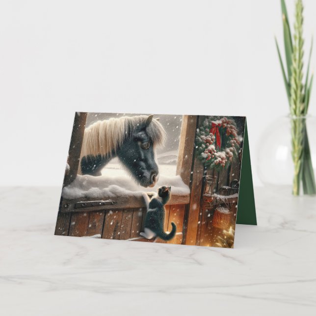 Cartes Pour Fêtes Annuelles Pony et Kitten Dans la grange de Noël (Devant)