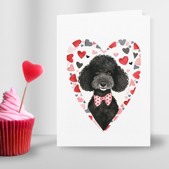 Cartes Pour Fêtes Annuelles Poodle noir Valentines Jour Chien Aquarelle parent (sweet cute black poodle love heart for dog mom or couple on valentines day anniversary mothers day)
