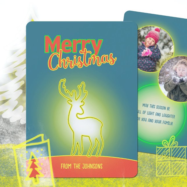 Cartes Pour Fêtes Annuelles Pop Art Neon Reinder Deux Photo Noël (Pop Art Neon Reindeer Two Photo Christmas Holiday Card ©Susanne Sachers - Sunny Mind 🌞)