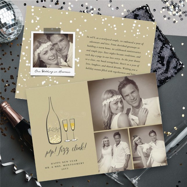 Cartes Pour Fêtes Annuelles Pop Fizz Clink Gold Champagne Chic 3 Photo (Pop Fizz Clink Stylish Gold Champagne Chic 3 Photo Holiday Card @ fat_fa_tin)