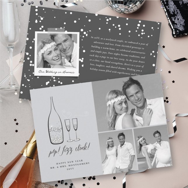 Cartes Pour Fêtes Annuelles Pop Fizz Clink Style Champagne Argent Chic Photo (Pop Fizz Clink Stylish Silver Champagne Chic 3 Photo Holiday Card @ fat_fa_tin)