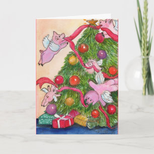 Cartes Pour Fêtes Annuelles Porcs heureux DecorateTree de vol de vacances
