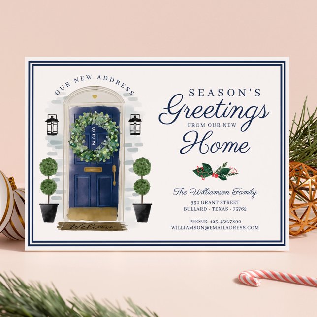Cartes Pour Fêtes Annuelles Porte d'aquarelle de la marine Joyeuses Fêtes (Seasons Greetings New Home Navy Watercolor Door Holiday Card)