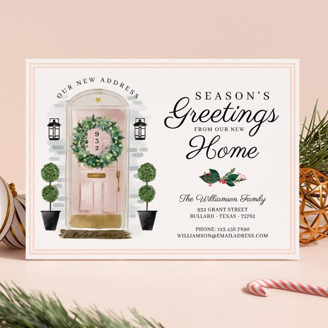Cartes Pour Fêtes Annuelles Porte d'aquarelle rose Joyeuses Fêtes (Seasons Greetings New Home Pink Watercolor Door Holiday Card)