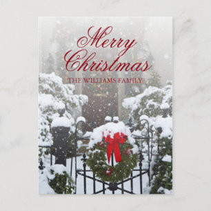 Cartes Pour Fêtes Annuelles Porte de la maison avec couronne et neige de Noël