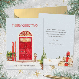 Cartes Pour Fêtes Annuelles Porte rouge aquarelle cosy chien de ski Noël
