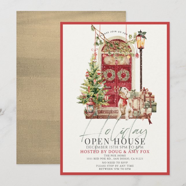 Cartes Pour Fêtes Annuelles Porte rouge Chien de Noël Maison ouverte (Devant / Derrière)