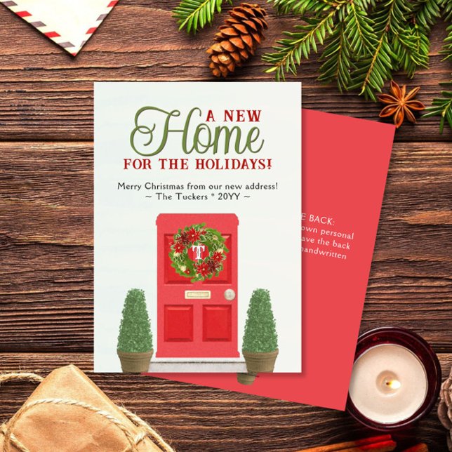 Cartes Pour Fêtes Annuelles Porte rouge & Topiaries Aquarelle Noël Déménagemen (Créateur téléchargé)