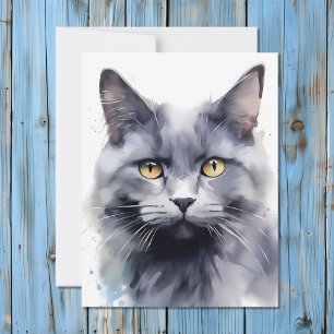 Cartes Pour Fêtes Annuelles Portrait de chat gris aquarelle