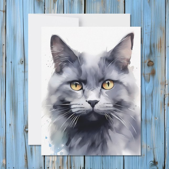 Cartes Pour Fêtes Annuelles Portrait de chat gris aquarelle (Créateur téléchargé)