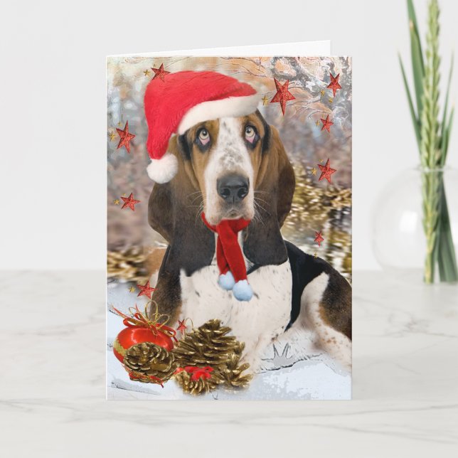 Cartes Pour Fêtes Annuelles Portrait de Noël de Basset Hound (Devant)