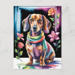 Cartes Pour Fêtes Annuelles Portrait de teckel en lumière néon et cadre floral