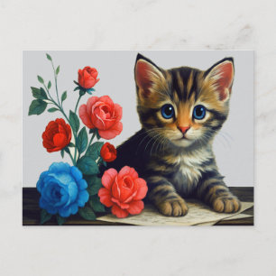 Cartes Pour Fêtes Annuelles Portrait Moderne de Chat Mignon aux Fleurs Colorée