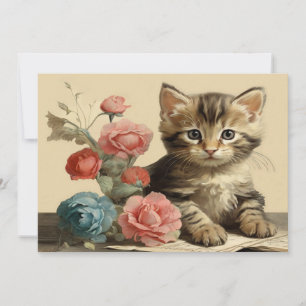 Cartes Pour Fêtes Annuelles Portrait Vintage de Chat Mignon aux Couleurs Douce