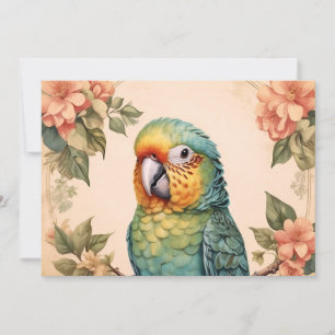 Cartes Pour Fêtes Annuelles Portrait Vintage de Perruche Mignonne aux Fleurs