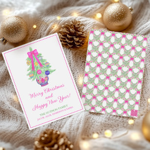 Cartes Pour Fêtes Annuelles Pot à gingembre à arc rose chaud aquarelle arbre d