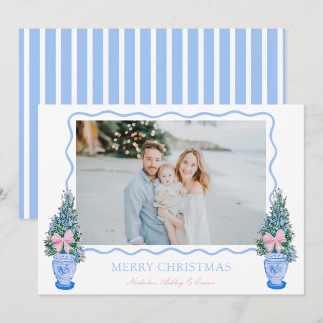 Cartes Pour Fêtes Annuelles Pots à gingembre d'arbre de Noël en chinoiserie bl (Devant / Derrière)