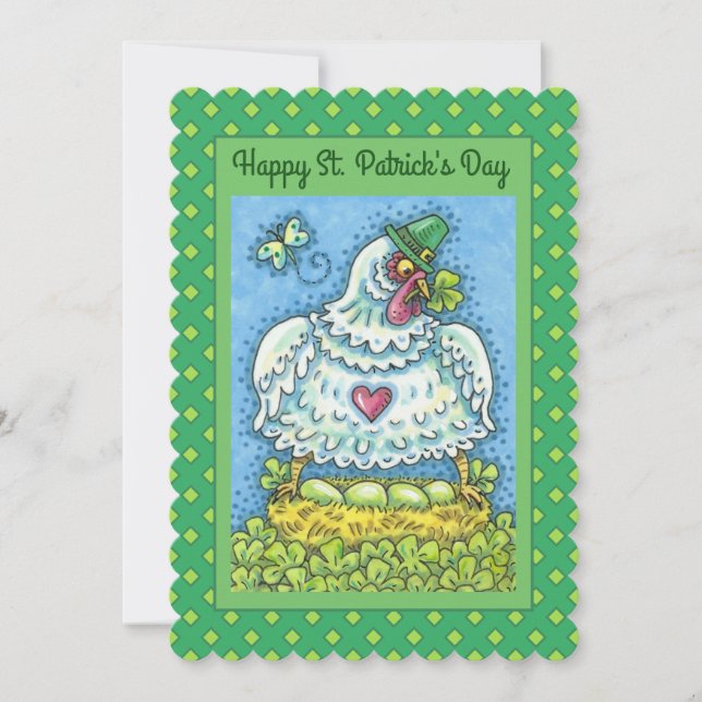 CARTES POUR FÊTES ANNUELLES POULE IRLANDAISE DRÔLE, ŒUFS VERTS ET TRÈFLES À 3  (Devant)