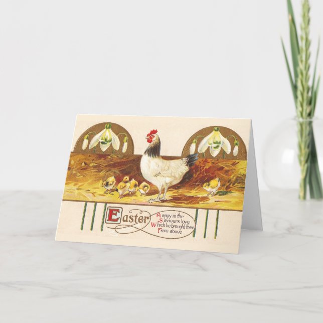 Cartes Pour Fêtes Annuelles Poule, poussins et perce-neiges de Pâques (Devant)