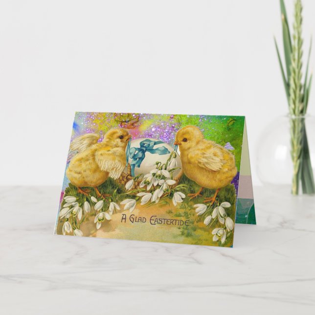 CARTES POUR FÊTES ANNUELLES POULET, FLEURS OEUF DE PÂQUES DANS ÉPARGNE D'OR PU (Devant)