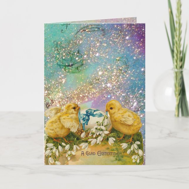 CARTES POUR FÊTES ANNUELLES POULET, FLEURS, OEUF DE PÂQUES EN PARKLES BLEUS D' (Devant)