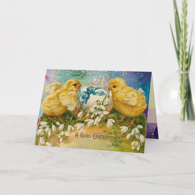 CARTES POUR FÊTES ANNUELLES POULET, FLEURS, OEUF DE PÂQUES EN PARKLES BLEUS D' (Devant)