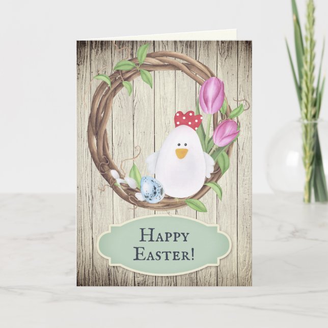 Cartes Pour Fêtes Annuelles Poulet mignon, Oeufs, Guirlande et Tulipes Joyeux  (Devant)