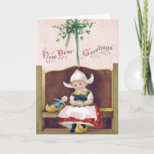 Cartes Pour Fêtes Annuelles Poupée fille hollandaise gui sabot banc