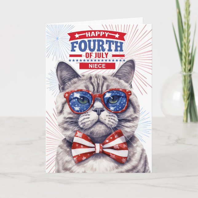 Cartes Pour Fêtes Annuelles pour nièce 4 juillet chat patriotique mignon (Devant)