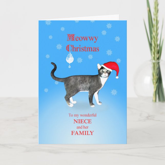 Cartes Pour Fêtes Annuelles Pour Nièce et sa famille, Meowwy Christmas cat (Devant)