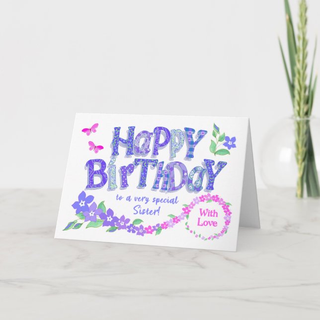 Cartes Pour Fêtes Annuelles Pour Soeur Anniversaire Rose et Bleu (Devant)