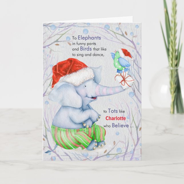Cartes Pour Fêtes Annuelles pour Tots sur Noël Aquarelle Oiseau éléphant (Devant)