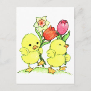 Cartes Pour Fêtes Annuelles Poussins de Pâques Avec Fleurs