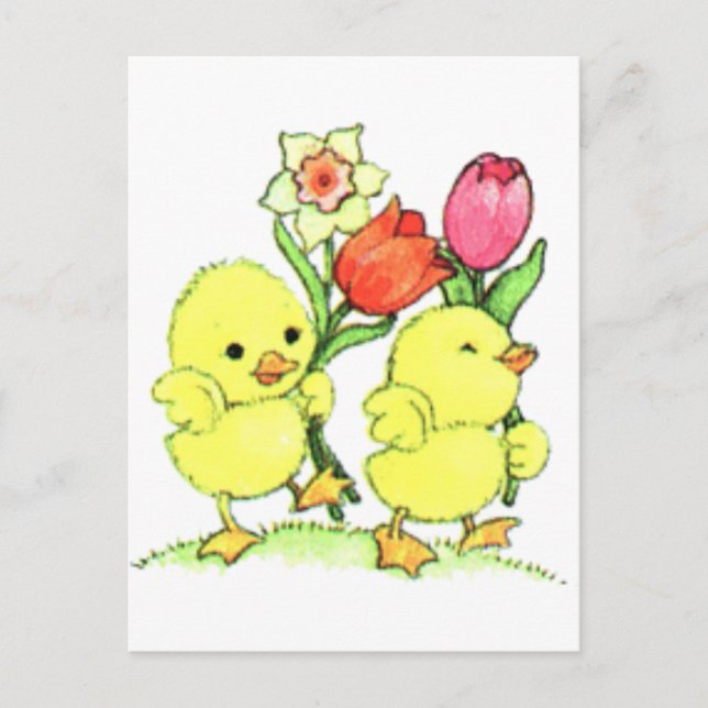 Cartes Pour Fêtes Annuelles Poussins de Pâques Avec Fleurs (Devant)