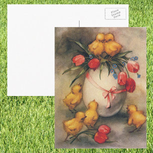 Cartes Pour Fêtes Annuelles Poussins de Pâques vintages aux fleurs de tulipes