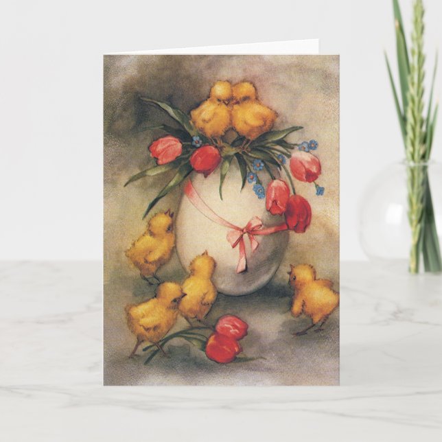 Cartes Pour Fêtes Annuelles Poussins de Pâques vintages, Oeufs aux fleurs de t (Devant)