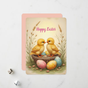 Cartes Pour Fêtes Annuelles Poussins mignons et œufs de Pâques colorés, nostal