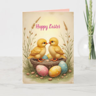 Cartes Pour Fêtes Annuelles Poussins mignons et œufs de Pâques colorés, nostal