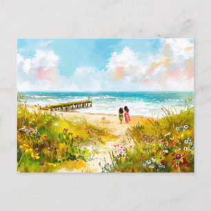 Cartes Pour Fêtes Annuelles Pré fleur sauvage près de la plage avec enfants wa