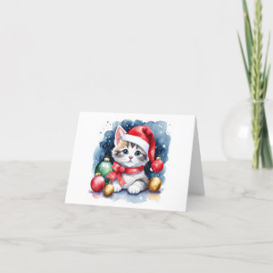 Cartes Pour Fêtes Annuelles Précieux Kitten Santa Gris et Blanc VIDE