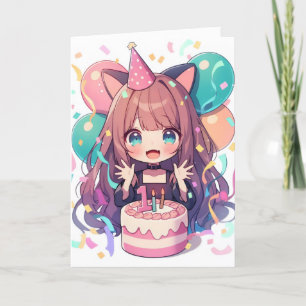 Cartes Pour Fêtes Annuelles Premier Anniversaire Anime Girl Chat