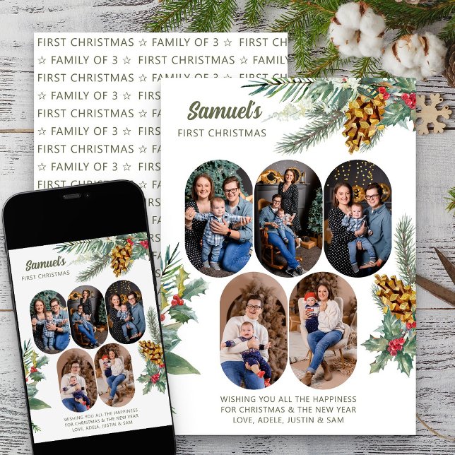 Cartes Pour Fêtes Annuelles Premier Noël 5 Photo Holly et Pine Nouveau bébé (First Christmas New Baby Photo Holiday Card from Rounded Lozenge Photo Collage collection)